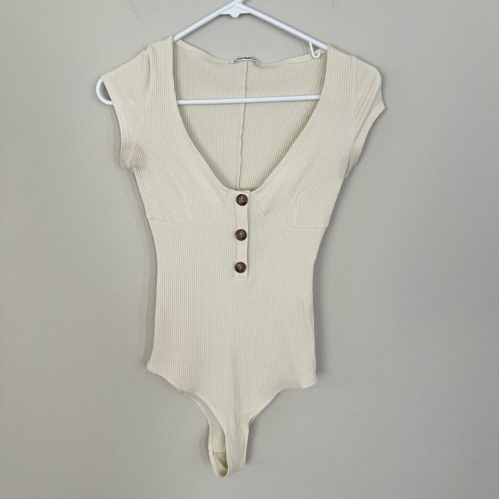 Reformation Marten Ivory Ribbed Scoop Bodysuit Buttons (S)